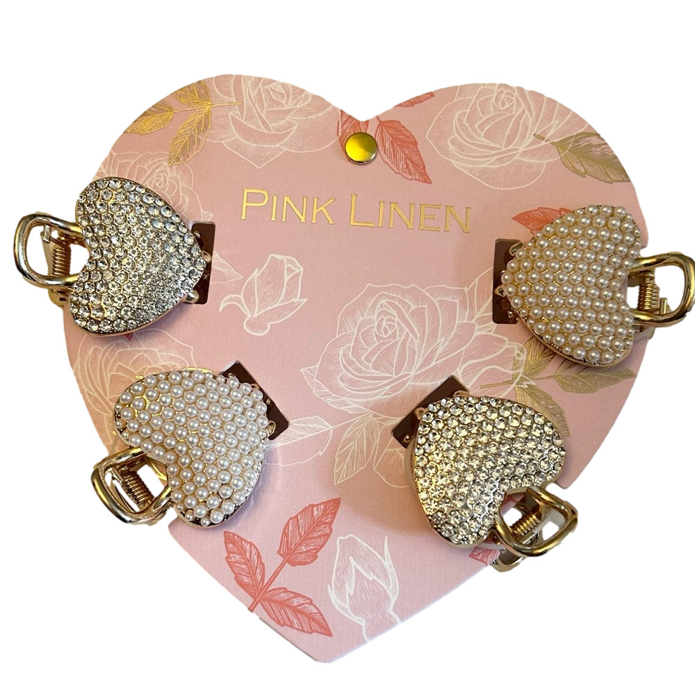 Pink Linen Heart Hair Clips NWT